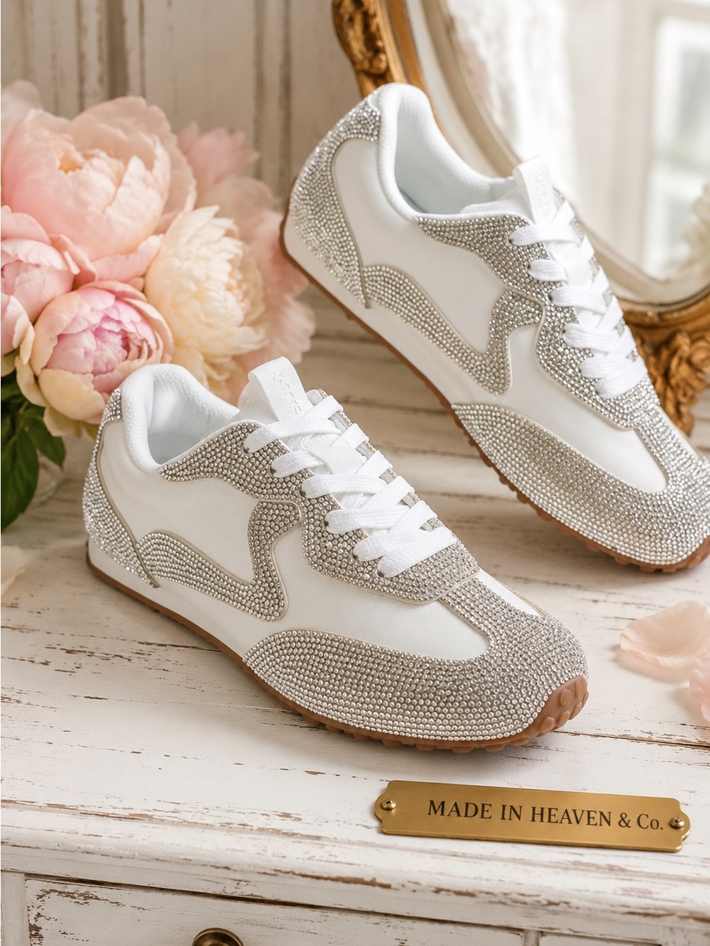 White Womens Sneakers with Silver Crystal Detailing
